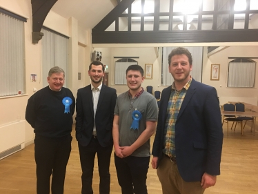 Josh Broadhurst (centre right) with his campaign team shortly after the declaration of the result.